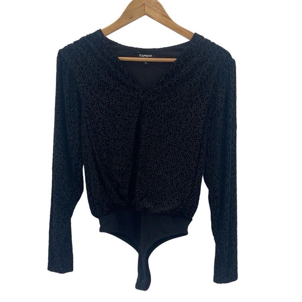 Express Womens Jacquard Velvet Leopard Sparkly Long‎ Sleeve Bodysuit Black XS